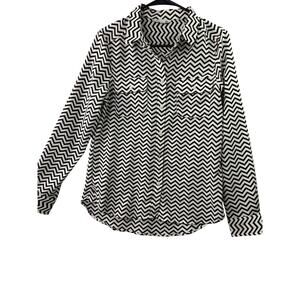 American Eagle Sheer Chevron Button-Down Blouse – Black & White – Size S